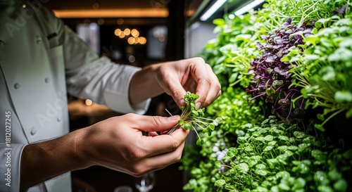 Chef Harvests Fresh Microgreens from Vertical Garden in Modern Restaurant Setting