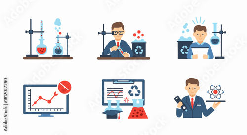 Illustrations depicting various aspects of scientific research, experiments, and data analysis.