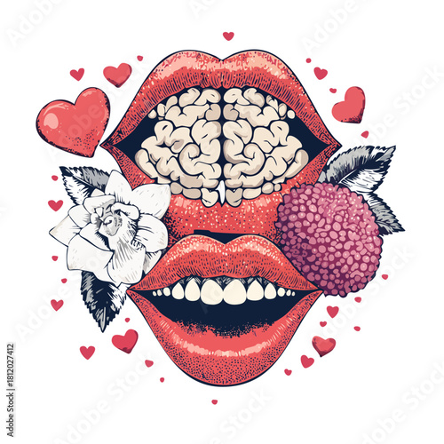 Creative idea illustration of a human brain inside an open mouth surrounded by hearts, roses, and fruit