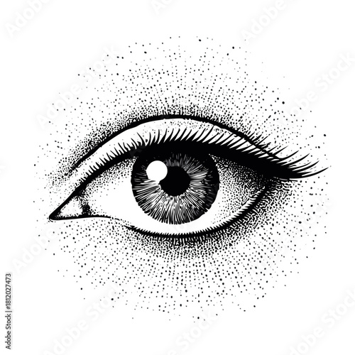 An intricate, detailed illustration of a human eye, rendered in a stippling technique, showcasing the iris and pupil with surrounding dots creating a textured effect