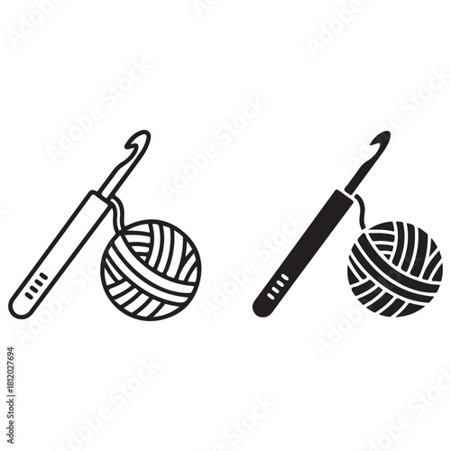 Crochet Hook and Yarn Ball Crafting Line Art and Solid Icons