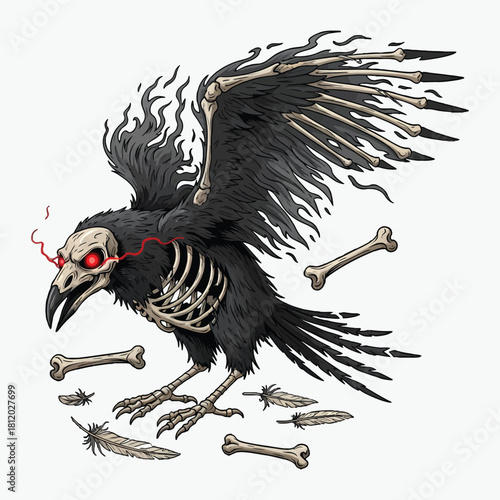 Illustration of a black crow with a skeletal body and glowing red eye, surrounded by bones on a white background.