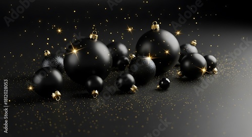 Elegant black christmas ornaments scattered with gold glitter on a dark background