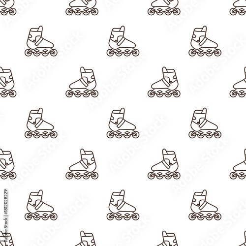 line art pattern of pink rollerblade with a grey frame, pink wheels, and an orange and light green cuff, outlined in dark brown.