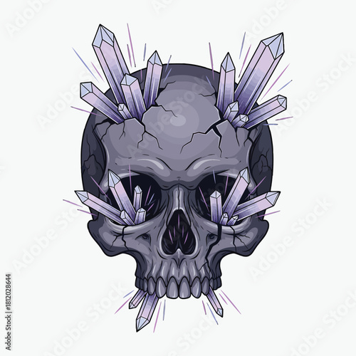 Illustration of a gray skull with purple crystals on a white background