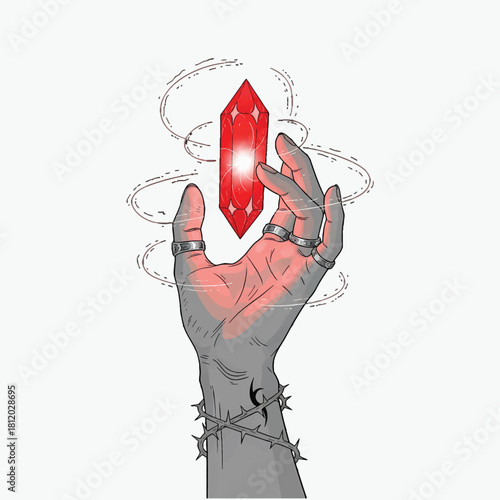 Illustration of a hand holding a glowing red crystal with smoke effects on a white background
