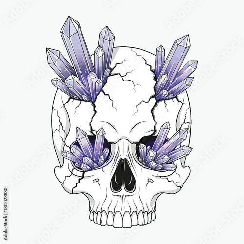Illustration of a human skull with purple crystals on a white background