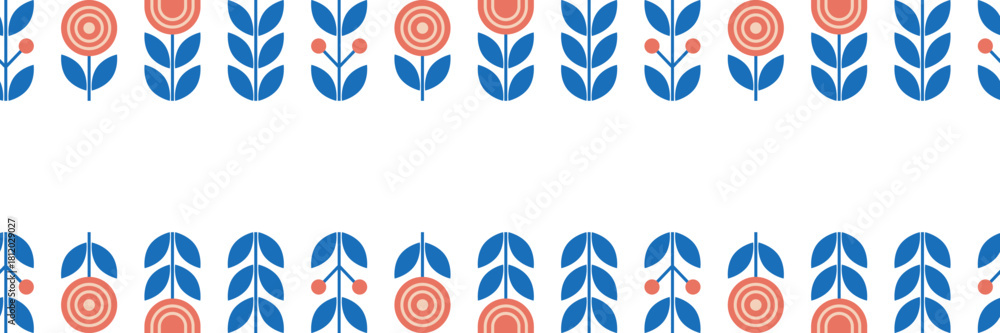 Fototapeta premium Seamless pattern of geometric flowers and leaves in folk style. Long horizontal banner with repeating pattern of Nordic flowers. Vector illustration