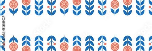 Seamless pattern of geometric flowers and leaves in folk style. Long horizontal banner with repeating pattern of Nordic flowers. Vector illustration