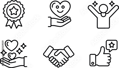 Set of six linear icons about business and charity