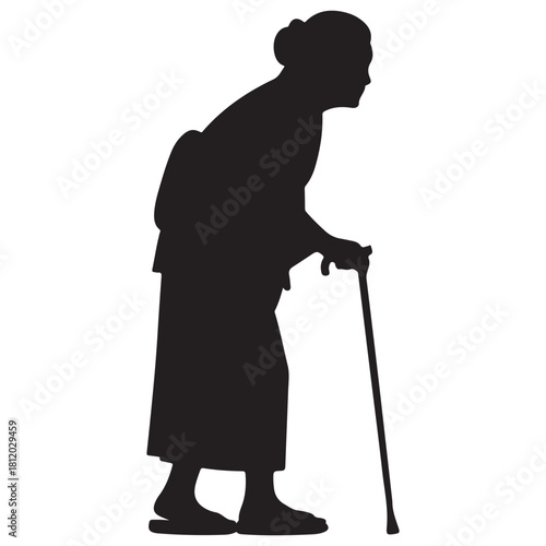 Profile Silhouette of an Elderly Woman with a Walking Stick and Traditional Clothing