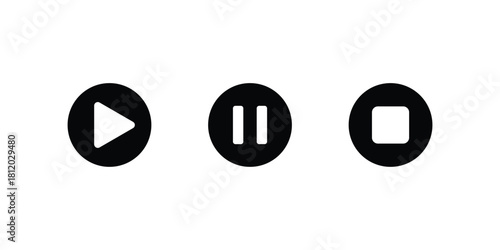 Black vector illustration play, pause an stop icon and buttons set, black player icons set for web, app, banner custom design