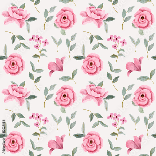 Elegant pink rose floral watercolor seamless pattern