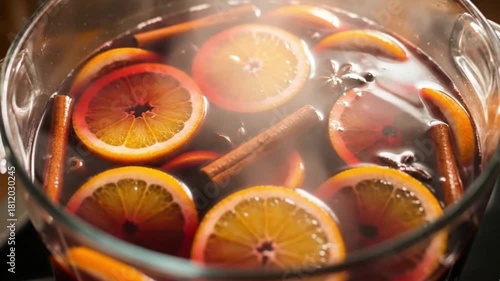 
Glass pot of steaming mulled wine with orange slices and cinnamon in realistic style in warm red tones representing festive winter comfort drink