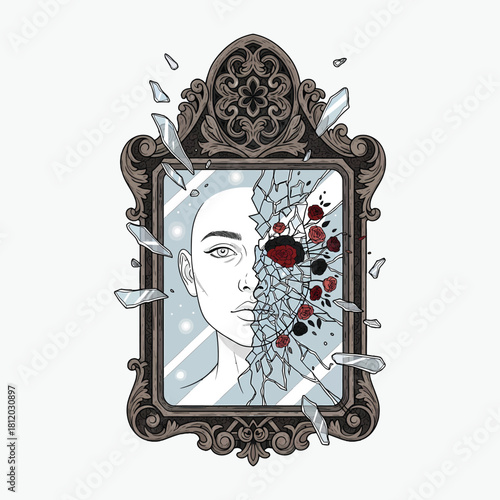 Illustration of a man's face in a broken ornate mirror frame with red and black jewels