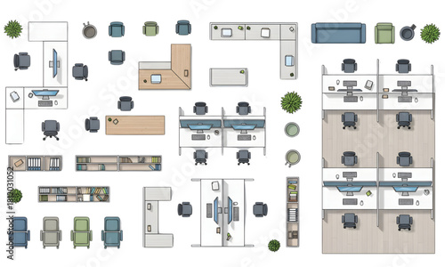 Office Furniture Layout Elements-Top View Floor Plan, Modern Workspace Design, and Interior Planning Blueprint