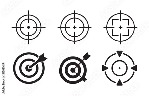 Crosshairs and archery target with arrow icons set isolated on a white background