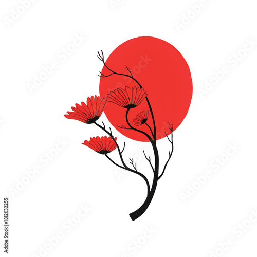 Lunaria hand drawn with ink and big red sun on white background. Autumn plant. Contains hieroglyphs - eternity, freedom, happiness. Traditional oriental ink painting sumi-e, u-sin, go-hua