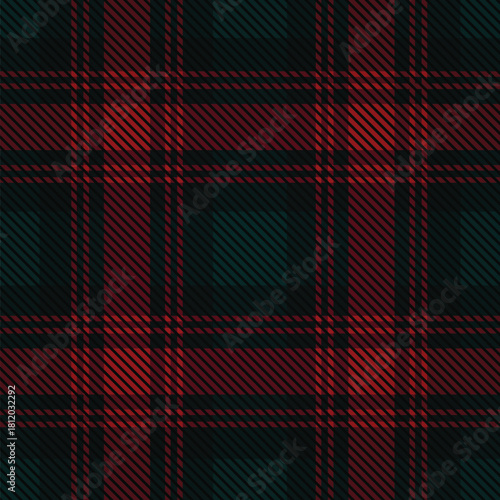 Red and dark green tartan plaid pattern. Traditional checkered textile background. Classic scottish fabric. Festive winter holiday decor. Geometric abstract design for greeting cards, banners, borders