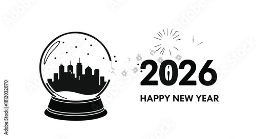 New Year's Eve celebration with city skyline in snow globe and 2026.