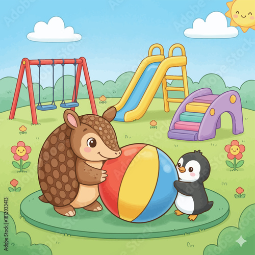 Cute Cartoon Armadillo and Hamster Friends Playing near River. Happy Animals in Nature Scene with Flowers, Green Grass and Smiling Sun for Kids Book Illustration.