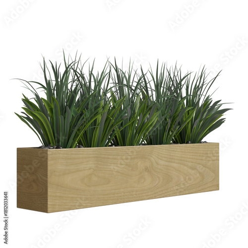 Modern wooden planter box filled with vibrant green grass for home or office decor