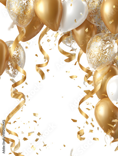 Golden balloons and confetti creating a festive celebratory border on black background