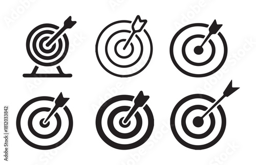 Dartboard with arrow hitting bullseye vector icon set concept success and accuracy symbol