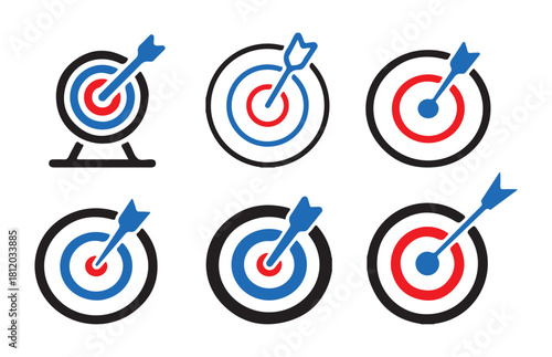Dartboard with arrow hitting bullseye vector icon set concept success and accuracy symbol