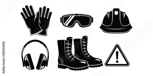 Black Silhouette of Personal Protective Equipment on White Background gloves goggles