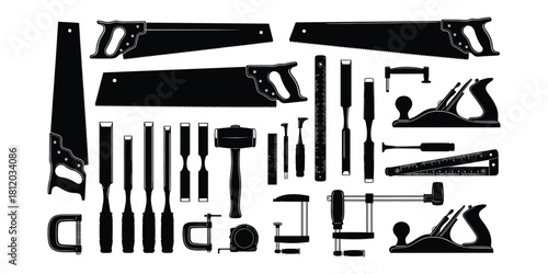 Black Silhouette of Woodworking Tools on White Background handsaw chisel