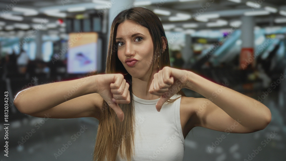 Fototapeta premium Woman with long brown hair wearing white tank top showing thumbs down gesture in busy airport terminal; rejection.