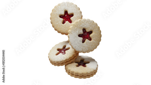Four delicious star cut out sandwich cookies with red jam filling stacked and isolated on transparent background
