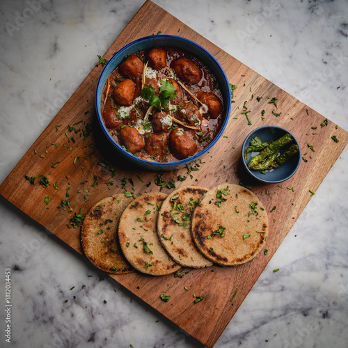 Thick, hard flatbread served alongside rich, aromatic korma—an indulgent pairing from traditional Indian cuisine.