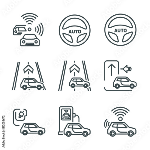 Black line art icons depicting autonomous driving, smart car technology, and driver assistance systems.