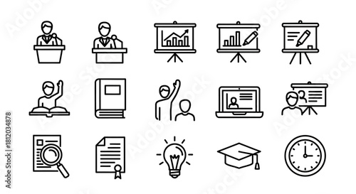 Black outline education and learning icons set, featuring students, teachers, books, and presentation elements.