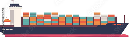 Flat design illustration of large cargo container ship sailing on sea, international shipping and global freight transportation concept vector
