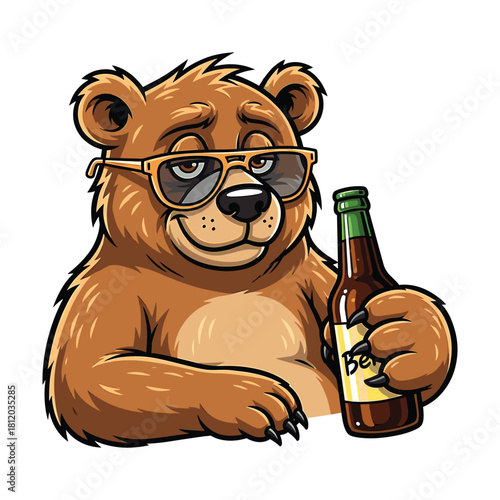 Cartoon Bear Wearing Sunglasses Holding a Beer Bottle vector illustration