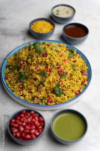 Poha Served with Anar Dana and Chutney – Indian Breakfast