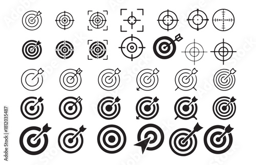 Set of black target and arrow icons aiming for success and business goals