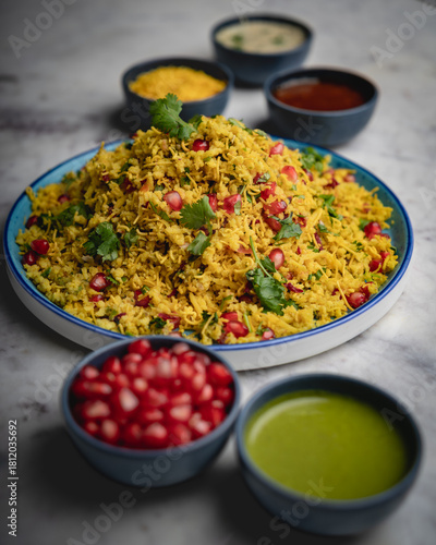Poha Served with Anar Dana and Chutney – Indian Breakfast