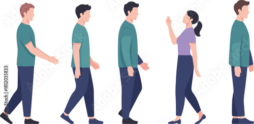Flat illustration of diverse people standing and walking in various poses, modern casual clothing, group human character design