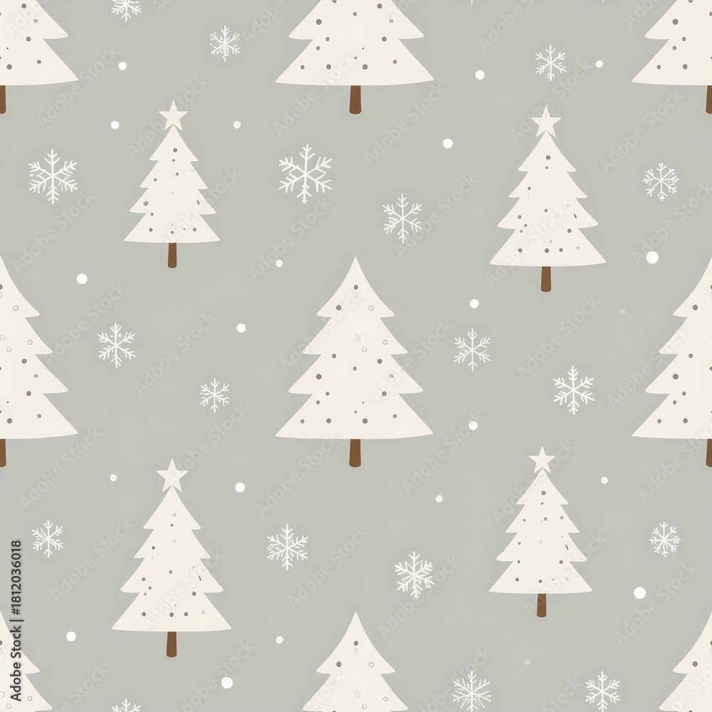Fototapeta premium Motif sans couture minimaliste avec sapins stylisés et cristaux de neige, isolés sur fond beige. Generated Image.