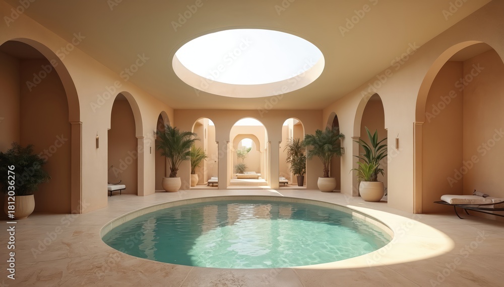 Indoor pool with turquoise water inside beige wellness resort. Round skylight provides natural daylight. Palms grow near arches. This luxury spa offers leisure and relaxation in comfort.