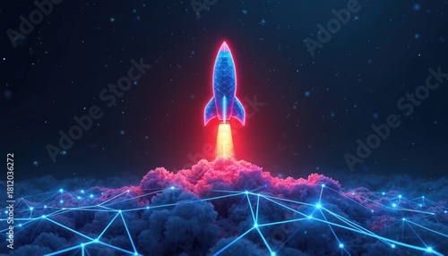 Fototapeta Naklejka Na Ścianę i Meble -  Abstract illustration of rocket ship launch. The spaceship takes off into space from a cloud. Digital art showcases innovation and futuristic tech concept.