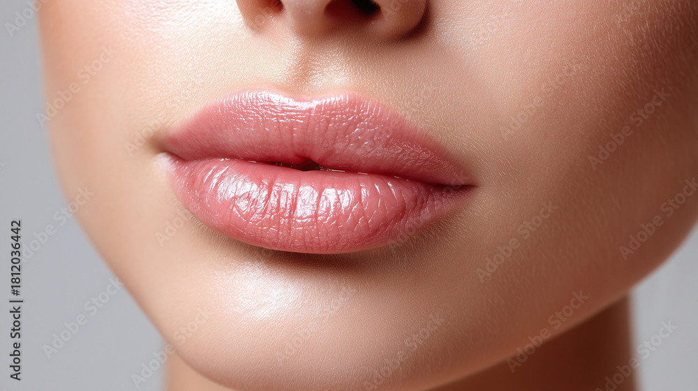Obraz premium Closeup of smooth upper lip and philtrum area with natural pink color, healthy skin texture, and soft lighting, conveying sense of beauty and freshness