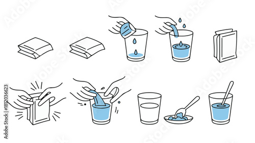 Hand holding glass of water and cosmetic bottles vector illustration set with ice and drinks icons
