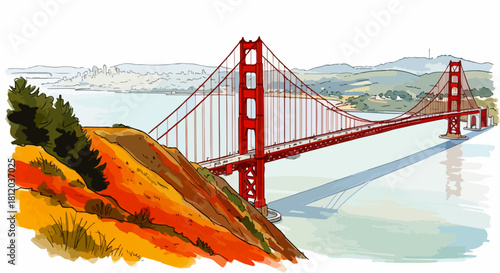 Watercolor illustration of the iconic Golden Gate Bridge in San Francisco, capturing its grandeur with artistic flair - aa