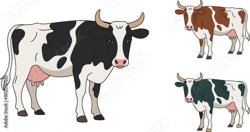 Illustration of three dairy cows in black white, brown white, and green white patterns, cartoon farm animal vector design