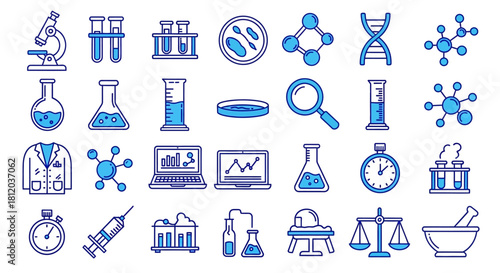 Blue line art science laboratory research icons collection set.